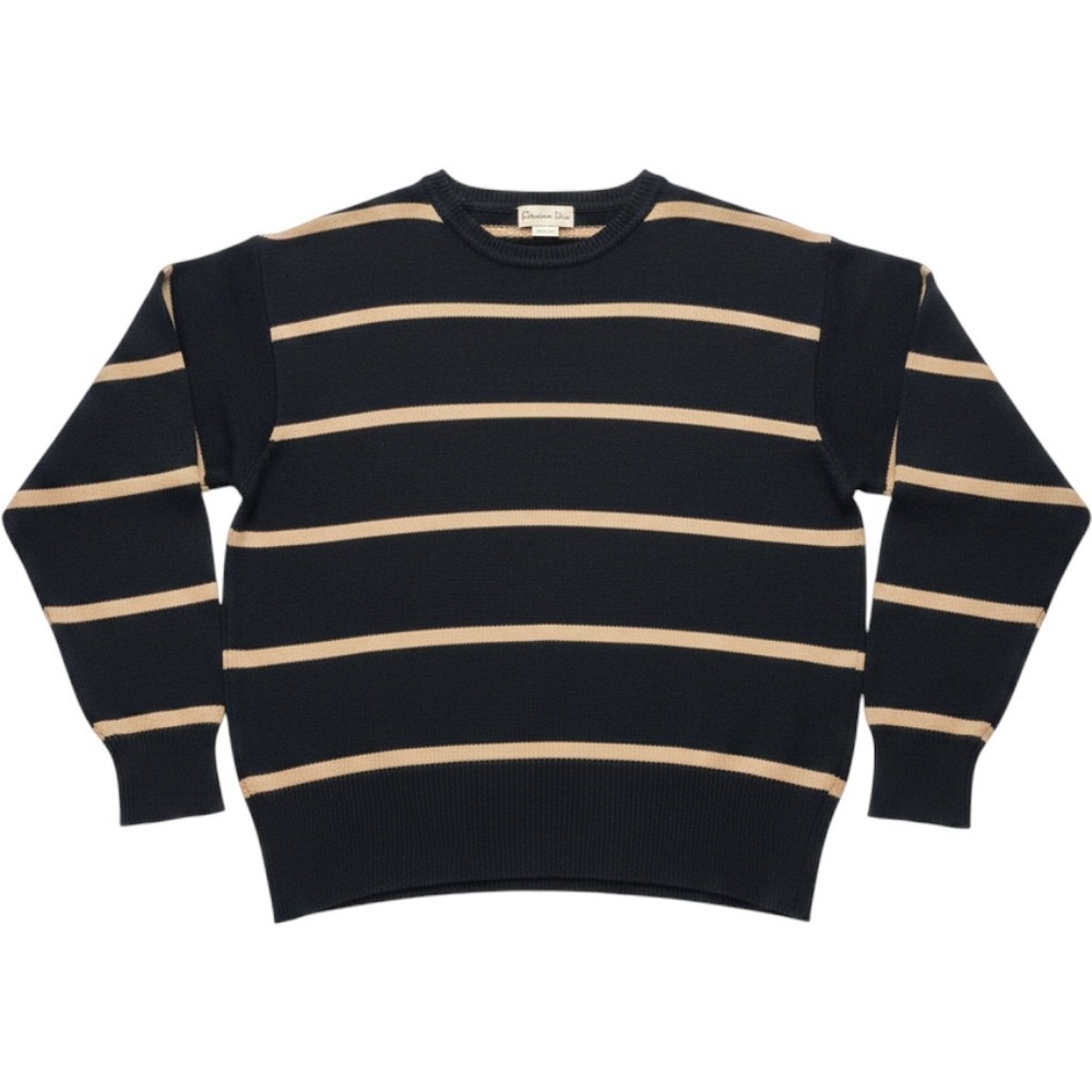 Christian Dior Vintage Striped Sweater Navy Blue Tan Crew Neck Mens Medium